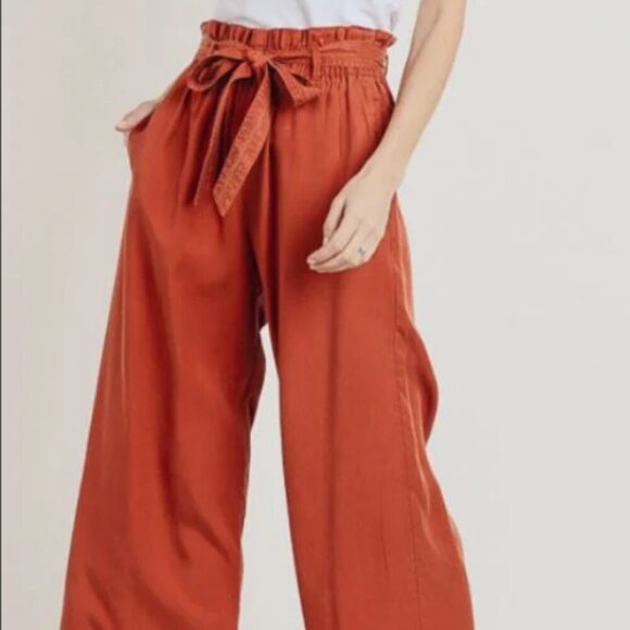 Cest Toi Pants - C’est Toi 100% Tencel Rust Colored Paper Bag Tied Waist Straight Leg Pants